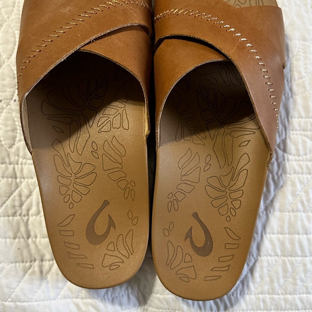 OluKai Tan Leather Crossover Slide Sandals